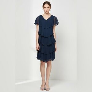 SLNY Midnight Navy Ruffle Tier Jewel Neckline Occasion Chiffon Knee Length Dress